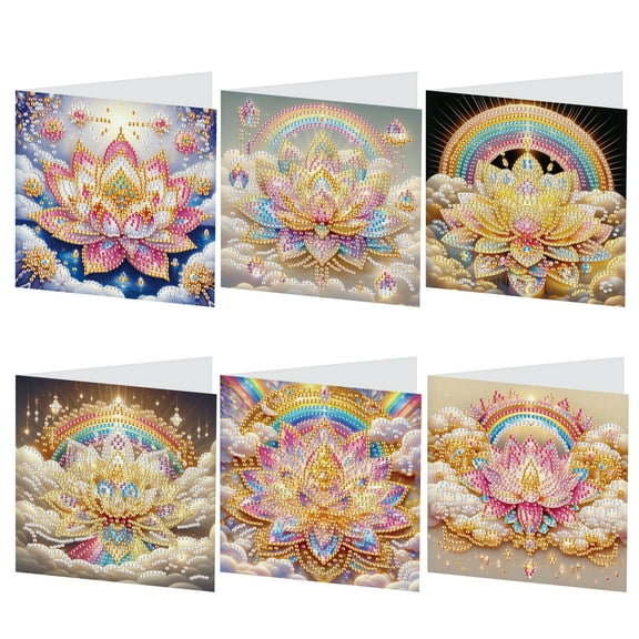 6pcs Diamond Art Painting Kit Greeting Card, Rainbow Lotus 5D DIY Special Shape Diamond Greeting Card Creative Gifts, Christmas Thanksgiving Greeting Card Congratulation