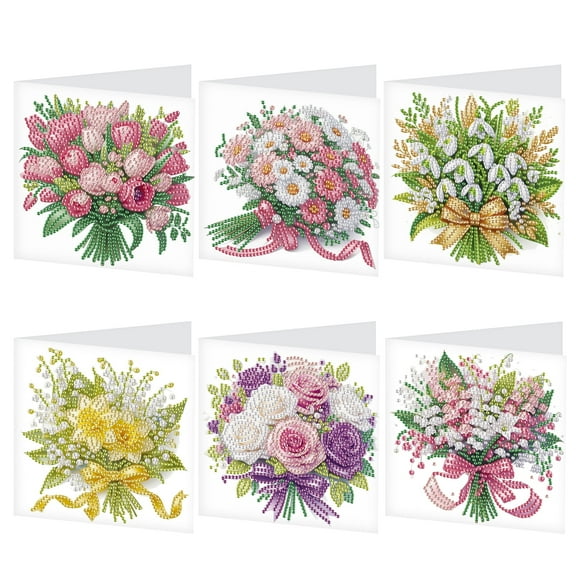 6pcs Diamond Art Painting Kit Greeting Card, Tulip Rose Small Hundred Flower Bouquet 5D DIY Special Shape Diamond Greeting Card Creative Gifts, Christmas Thanksgiving Day Greeting Card Congratulation