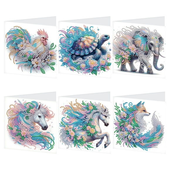 6pcs Diamond Art Painting Kit Greeting Card, Turtle Rooster Elephant 5D DIY Special Shape Diamond Greeting Card Creative Gifts, Christmas Thanksgiving Greeting Card Congratulation