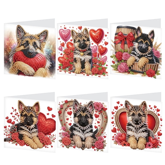 6pcs Diamond Art Painting Kit Greeting Cards, Love German Shepherd 5D DIY Special Shape Diamond Greeting Cards Creative Gifts, Christmas Thanksgiving Greeting Cards Congratulation