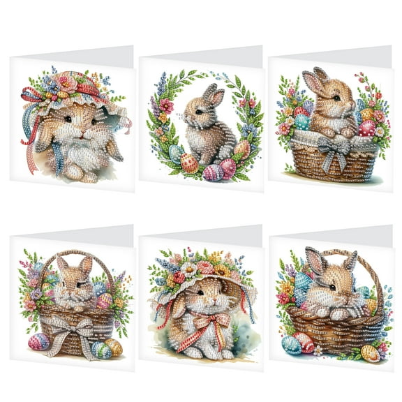 6pcs Diamond Art Painting Set Greeting Card, Basket Bunny 5D DIY Special Shape Diamond Greeting Card Creative Gifts, Christmas Thanksgiving Greeting Card Congratulation