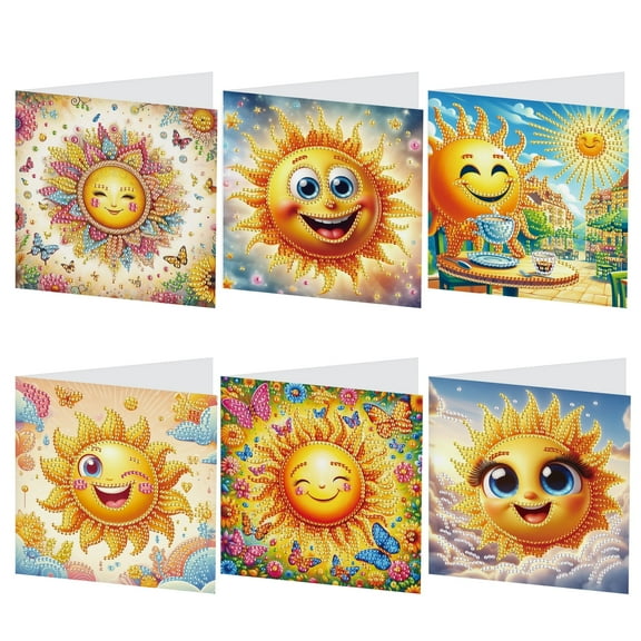 6pcs Diamond Art Painting Set Greeting Card, Happy Sun 5D DIY Special Shape Diamond Greeting Card Creative Gifts, Christmas Thanksgiving Greeting Card Congratulation