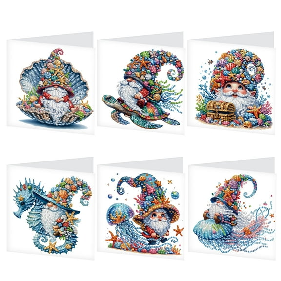 6pcs Diamond Art Painting Set Greeting Cards, Sea Life Gnomes 5D DIY Special Shape Diamond Greeting Cards Creative Gifts, Christmas Thanksgiving Greeting Cards Congratulation