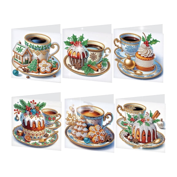 6pcs Diamond Painting Greeting Card Kit Afternoon Tea Cake 5D DIY Diamond Art Card with Envelope Handmade Sparkling Greeting Card Suitable for Birthdays, Christmas, and Holiday Gifts