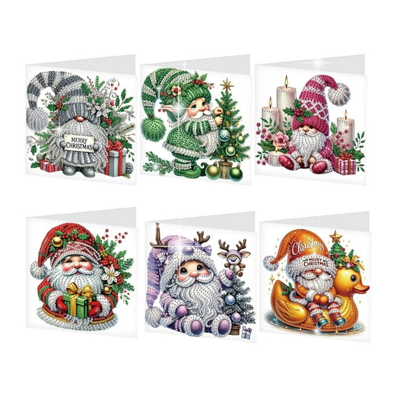 6pcs Diamond Painting Greeting Card Kit, Christmas Gnome 5D DIY Diamond Art Card with Envelope, Handmade Sparkling Greeting Card Suitable for Birthdays, Christmas, and Holiday Gifts
