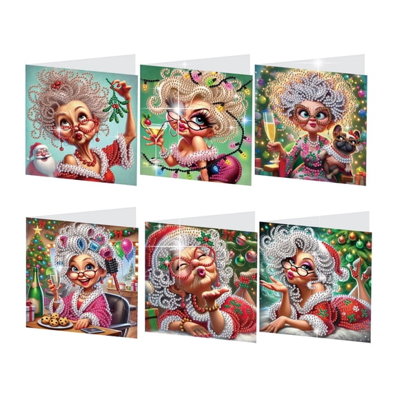 6pcs Diamond Painting Greeting Card Kit Playful and Stylish Lady 5D DIY Diamond Art Card with Envelope Handmade Sparkling Greeting Card Suitable for Birthdays, Christmas, and Holiday Gifts