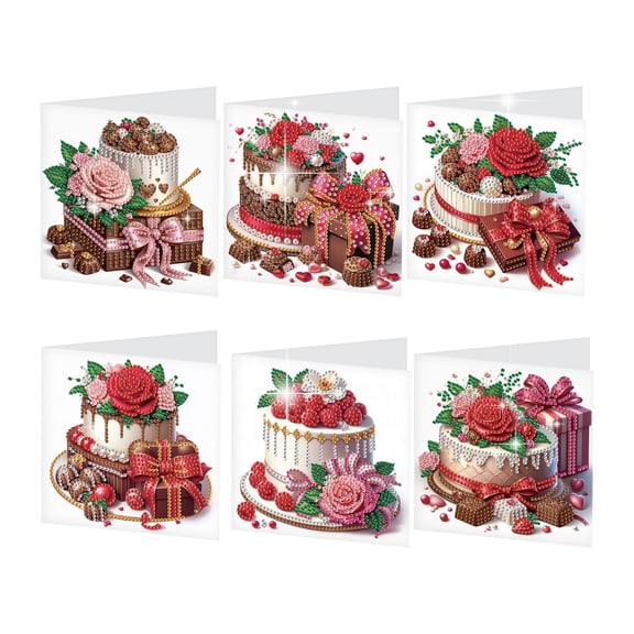 6pcs Diamond Painting Greeting Card Kit Rose Cake 5D DIY Diamond Art Card with Envelope Handmade Sparkling Greeting Card Perfect for Birthdays, Christmas, and Holiday Gifts