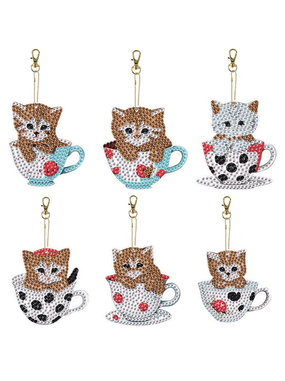 6pcs Diamond Painting Keychain Kit Cup Cat DIY 5D Sparkling Rhinestone Pendant Craft Kit Perfect for bags, keys, or gift-making
