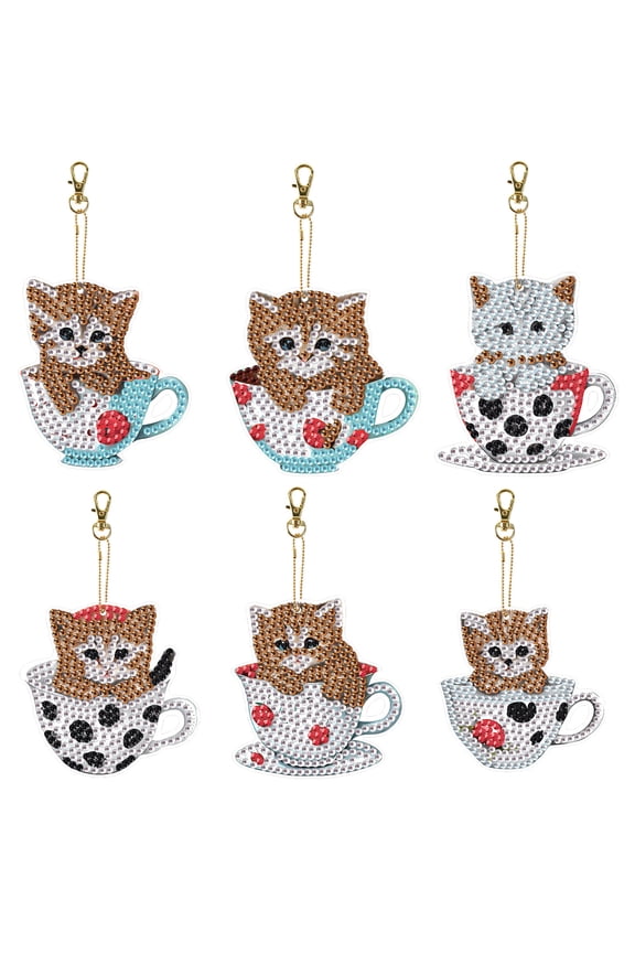 6pcs Diamond Painting Keychain Kit Cup Cat DIY 5D Sparkling Rhinestone Pendant Craft Kit Perfect for bags, keys, or gift-making