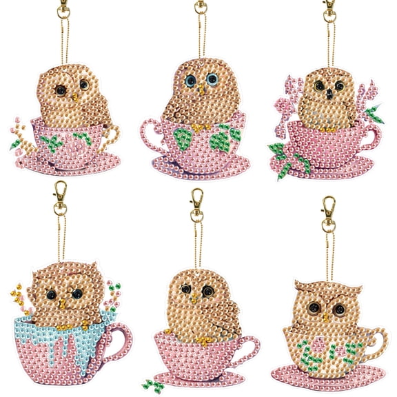 6pcs Diamond Painting Keychain Kit Cup Owl DIY 5D Sparkling Rhinestone Pendant Craft Kit Perfect for bags, keys, or gift-making