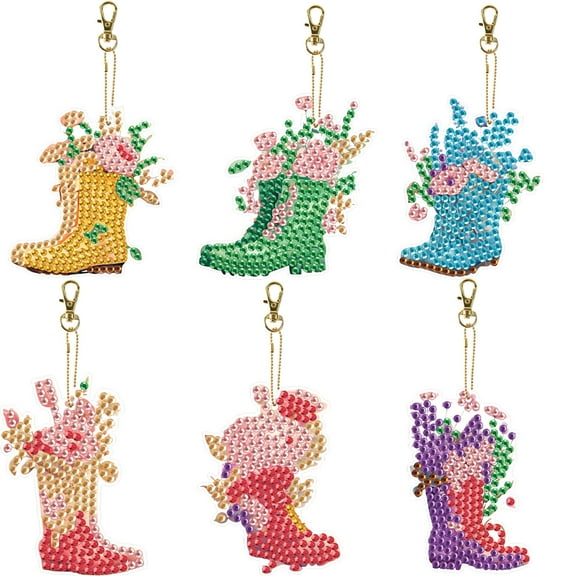 6pcs Diamond Painting Keychain Kit Flower Boots DIY 5D Sparkling Rhinestone Pendant Craft Kit Perfect for Bags, Keys, or Gift Making