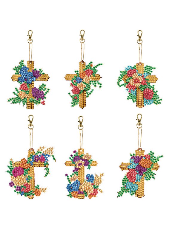6pcs Diamond Painting Keychain Kit Flower Cross DIY 5D Sparkling Rhinestone Pendant Craft Kit Perfect for Bags, Keys, or Gift Making