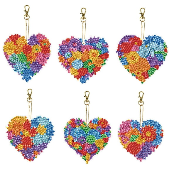 6pcs Diamond Painting Keychain Kit Flower Heart DIY 5D Sparkling Rhinestone Pendant Craft Kit Perfect for Bags, Keys, or Gift Making