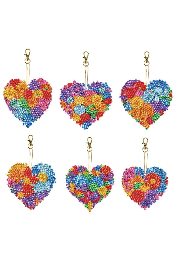 6pcs Diamond Painting Keychain Kit Flower Heart DIY 5D Sparkling Rhinestone Pendant Craft Kit Perfect for Bags, Keys, or Gift Making