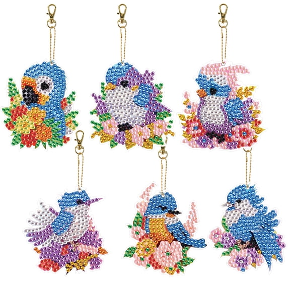 6pcs Diamond Painting Keychain Kit Flower and Bird DIY 5D Sparkling Rhinestone Pendant Craft Kit Perfect for Bags, Keys, or Gift Making