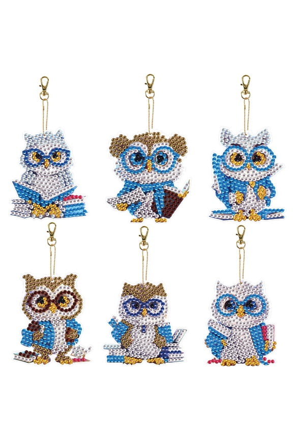 6pcs Diamond Painting Keychain Kit, Glasses Owl DIY 5D Sparkling Rhinestone Pendant Craft Kit, Perfect for Bags, Keys, or Gift Making