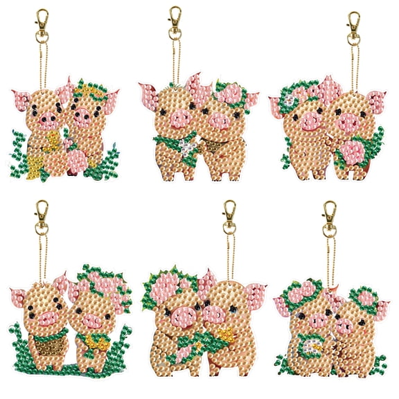 6pcs Diamond Painting Keychain Kit Piggy DIY 5D Sparkling Rhinestone Pendant Craft Kit Perfect for bags, keys, or gift-making