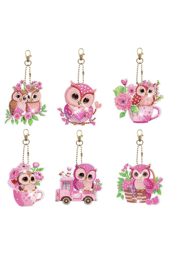 6pcs Diamond Painting Keychain Kit, Pink Owl DIY 5D Sparkling Rhinestone Pendant Craft Kit, Perfect for Bags, Keys, or Gift Making