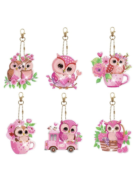 6pcs Diamond Painting Keychain Kit, Pink Owl DIY 5D Sparkling Rhinestone Pendant Craft Kit, Perfect for Bags, Keys, or Gift Making