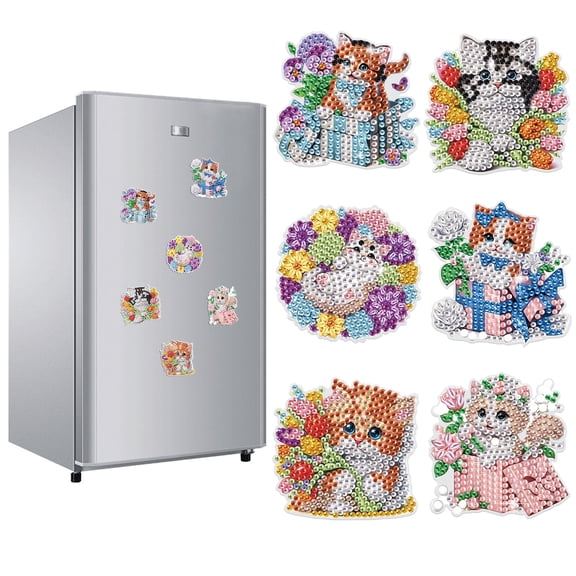 6pcs Diamond Painting Kit Fridge Magnets Cat-Themed DIY Glitter Magnetic Stickers Creative Fridge Decor for Kitchen Accents and Holiday Gifts