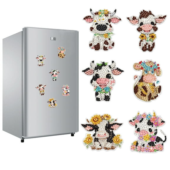 6pcs Diamond Painting Kit Fridge Magnets Cow-Themed DIY Glitter Magnetic Stickers Creative Fridge Decor for Kitchen Accents and Holiday Gifts