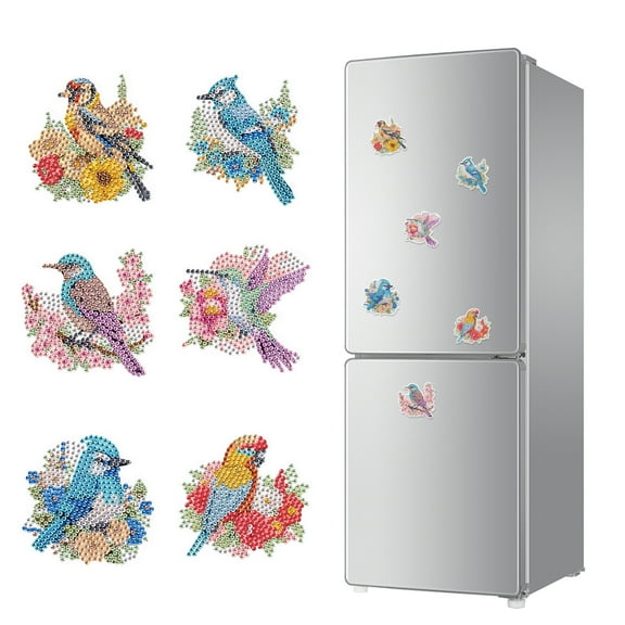 6pcs Diamond Painting Kit Fridge Magnets Flower and Bird DIY Glitter Magnetic Stickers Creative Handmade Fridge Decorations Perfect for Kitchen Decor and Holiday Gifts