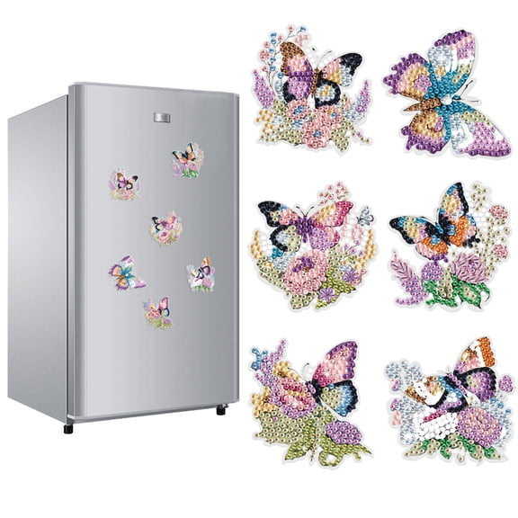 6pcs Diamond Painting Kit Fridge Magnets Flower Butterfly DIY Glitter Magnetic Stickers Creative Handmade Fridge Decor Perfect for Kitchen Decor and Holiday Gifts