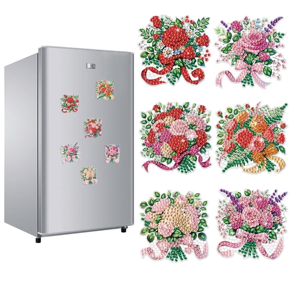 6pcs Diamond Painting Kit Fridge Magnets Vibrant Floral DIY Glitter Magnetic Stickers Creative Handmade Fridge Decor Perfect for Kitchen Accents and Holiday Gifts