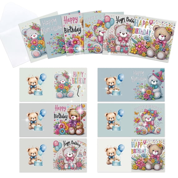 6pcs Diamond Painting Kit Greeting Card, Birthday Bear 5D DIY Diamond Handmade Holiday Greeting Card with Envelope, Christmas Gift Congratulation