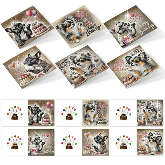 6pcs Diamond Painting Kit Greeting Card, Birthday Puppy 5D DIY Diamond Handmade Holiday Greeting Card with Envelope, Christmas Gift Congratulation