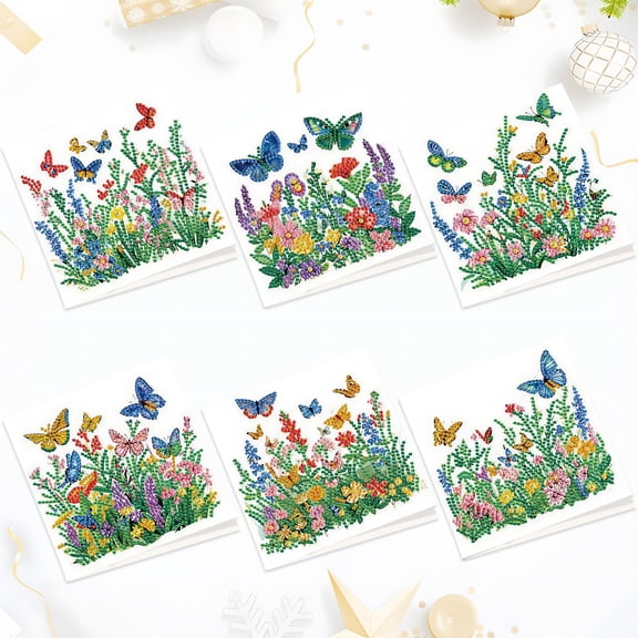 6pcs Diamond Painting Kit Greeting Card, Butterfly 5D DIY Diamond Handmade Holiday Greeting Card with Envelope, Christmas Gift Congratulation