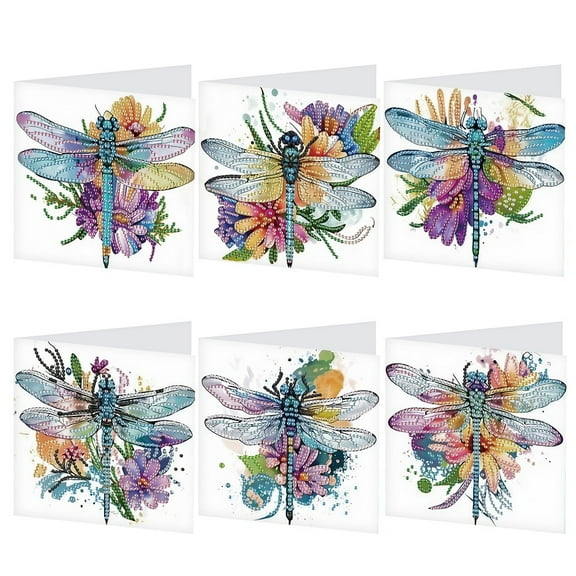 6pcs Diamond Painting Kit Greeting Card, Dragonfly 5D DIY Diamond Handmade Holiday Greeting Card with Envelope, Christmas Gift Congratulation
