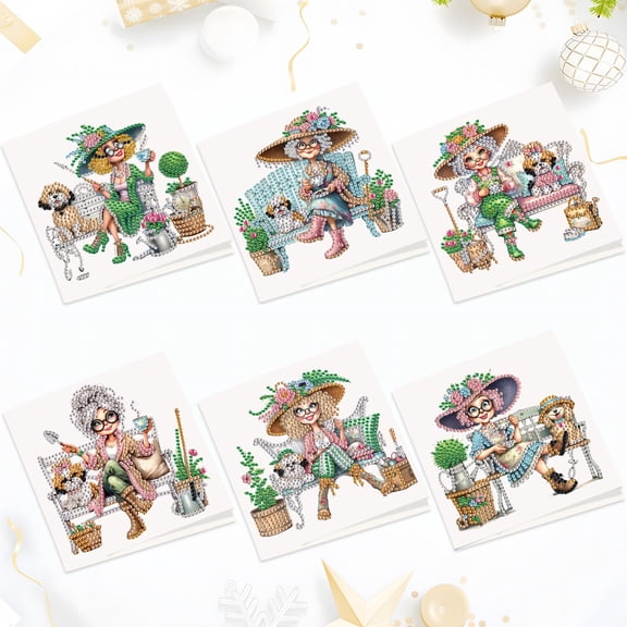 6pcs Diamond Painting Kit Greeting Card, Fashionable Woman Puppy 5D DIY Diamond Handmade Holiday Greeting Card with Envelope, Christmas Gift Congratulation