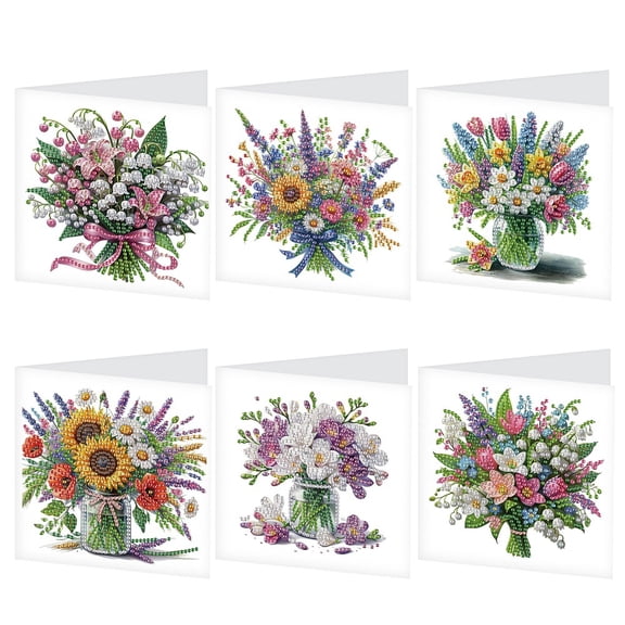 6pcs Diamond Painting Kit Greeting Card, Flower Bouquet 5D DIY Diamond Handmade Holiday Greeting Card with Envelope, Christmas Gift Congratulation
