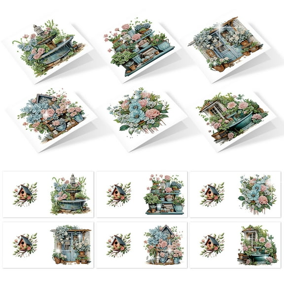 6pcs Diamond Painting Kit Greeting Card, Flower House 5D DIY Diamond Handmade Holiday Greeting Card with Envelope, Christmas Gift Congratulations