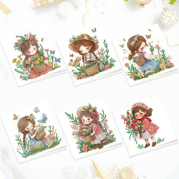 6pcs Diamond Painting Kit Greeting Card, Flower Picking Angel 5D DIY Diamond Handmade Holiday Greeting Card with Envelope, Christmas Gift Congratulation