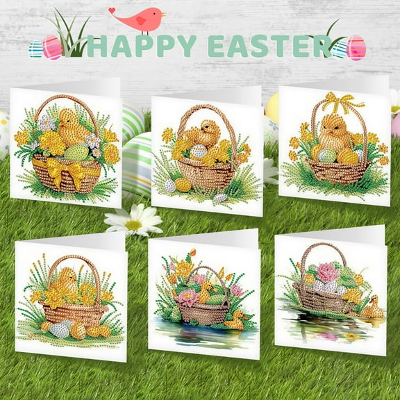 6pcs Diamond Painting Kit Greeting Card, Little Yellow Duck 5D DIY Diamond Handmade Holiday Greeting Card with Envelope, Christmas Gift Congratulation