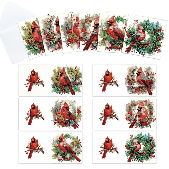 6pcs Diamond Painting Kit Greeting Card, Red Bird 5D DIY Diamond Handmade Holiday Greeting Card with Envelope, Christmas Gift Congratulation
