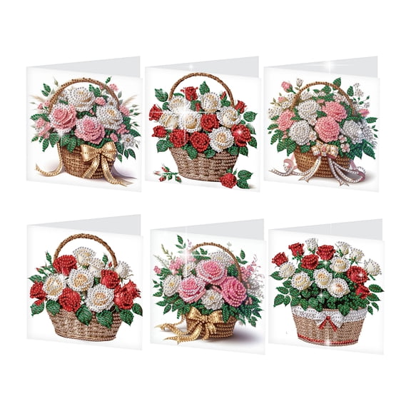 6pcs Diamond Painting Kit Greeting Card, Rose Bouquet 5D Handmade Art Birthday Holiday Gift Card with Envelope