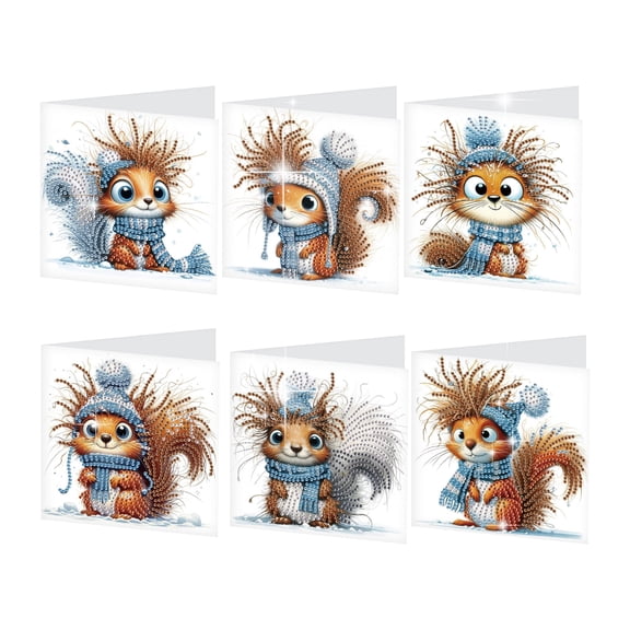 6pcs Diamond Painting Kit Greeting Card, Squirrel in Hat 5D Handmade Art Birthday Holiday Gift Card with Envelope