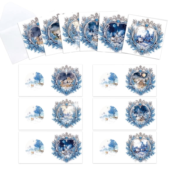 6pcs Diamond Painting Kit Greeting Cards, Blue Snowy House Theme 5D Handmade Art Birthday Holiday Gift Cards with Envelopes