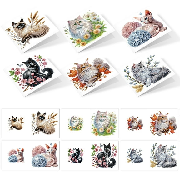 6pcs Diamond Painting Kit Greeting Cards, Cat Design 5D Handmade Art Birthday Holiday Cards with Envelopes, Christmas Gift