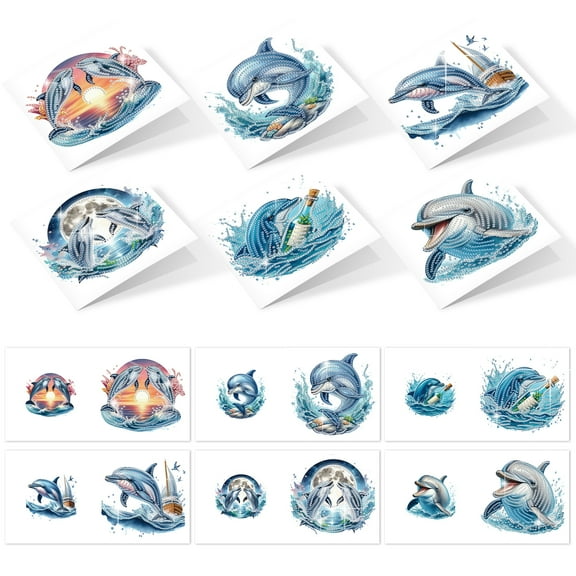 6pcs Diamond Painting Kit Greeting Cards, Dolphin Design 5D Handmade Art Birthday Holiday Cards with Envelopes, Christmas Gift