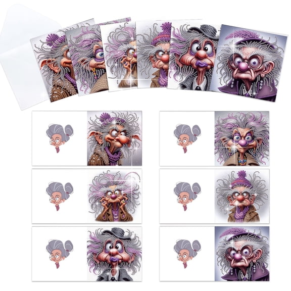 6pcs Diamond Painting Kit Greeting Cards Funny Old Man Theme 5D Handmade Art Birthday Holiday Gift Cards with Envelopes