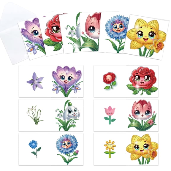 6pcs Diamond Painting Kit Greeting Cards, Happy Flowers Theme 5D Handmade Art Birthday Holiday Gift Cards with Envelopes