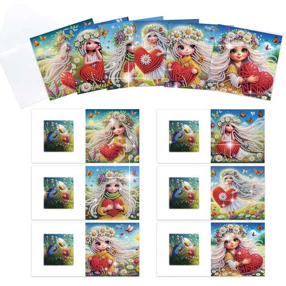 6pcs Diamond Painting Kit Greeting Cards Heart Angel Theme 5D Handmade Art Birthday Holiday Gift Cards with Envelopes