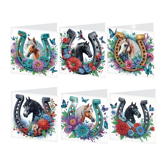 6pcs Diamond Painting Kit Greeting Cards, Horse Flower 5D Handmade Art Birthday Holiday Gift Cards with Envelopes