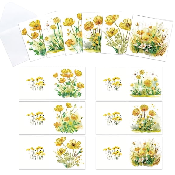 6pcs Diamond Painting Kit Greeting Cards, Little Yellow Flowers 5D Handmade Art Birthday Holiday Gift Cards with Envelopes