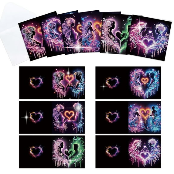 6pcs Diamond Painting Kit Greeting Cards, Lover Theme 5D Handmade Art Birthday Holiday Gift Cards with Envelopes
