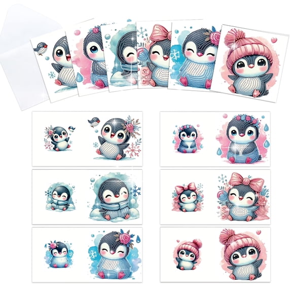 6pcs Diamond Painting Kit Greeting Cards, Penguin 5D Handmade Art Birthday Holiday Gift Cards with Envelopes
